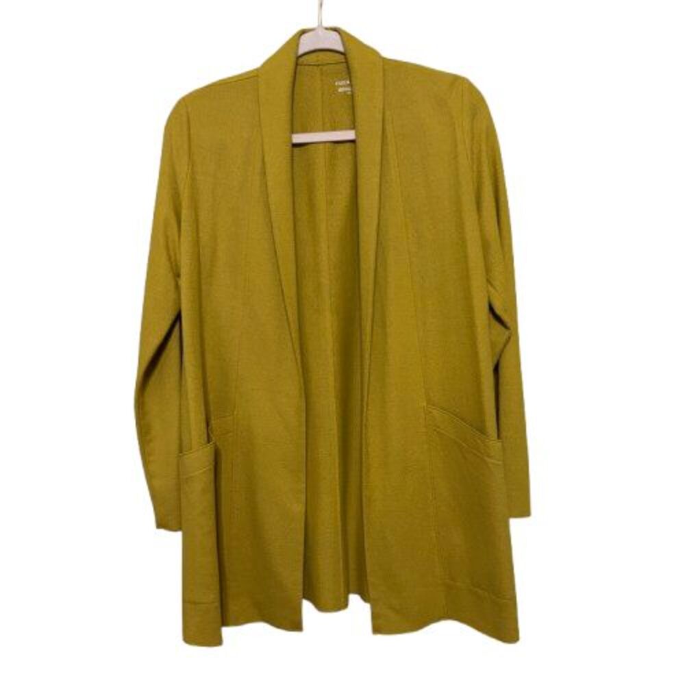 Eileen Fisher 100% Wool Open Front Sweater Blazer Womens XS Marigold Long Line